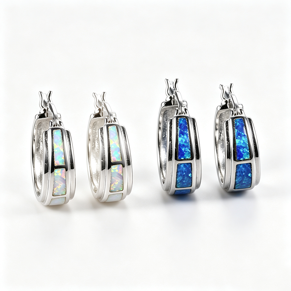 Women's Hoop Huggie Earrings, Center Inlaid White Opal / Blue Opal, with White Gold Plating