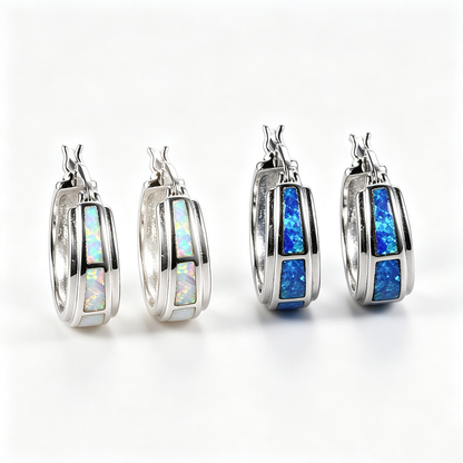 Women's Hoop Huggie Earrings, Center Inlaid White Opal / Blue Opal, with White Gold Plating