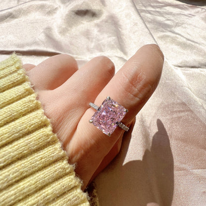 Women's Square Ice Flower Cut Pink Sapphire Trendy Ring, S925 with White Gold Plating