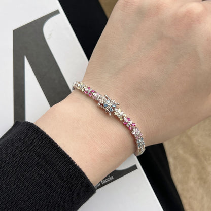 Women's Delicate Bracelet, Petal Shape Design Multicolor Baguette Zirconia Inlay, S925 with White Gold Plating
