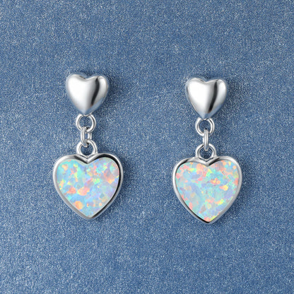 Women's Heart Dangle Earrings Inlaid With Blue & White Opal, with White Gold Plating