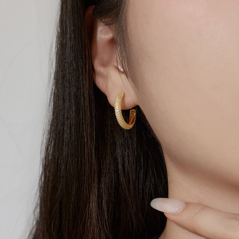 Women's Delicate 15 mm Round Huggie Earrings, Full Paved Round Zirconia, S925 with 18K Gold Plating