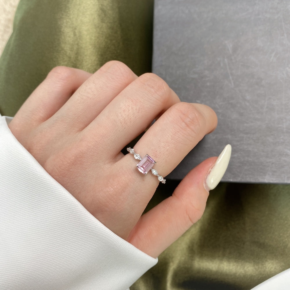 Women's Square Pink Zirconia Center Stone Paved Wedding Ring, S925 with White Gold Plating