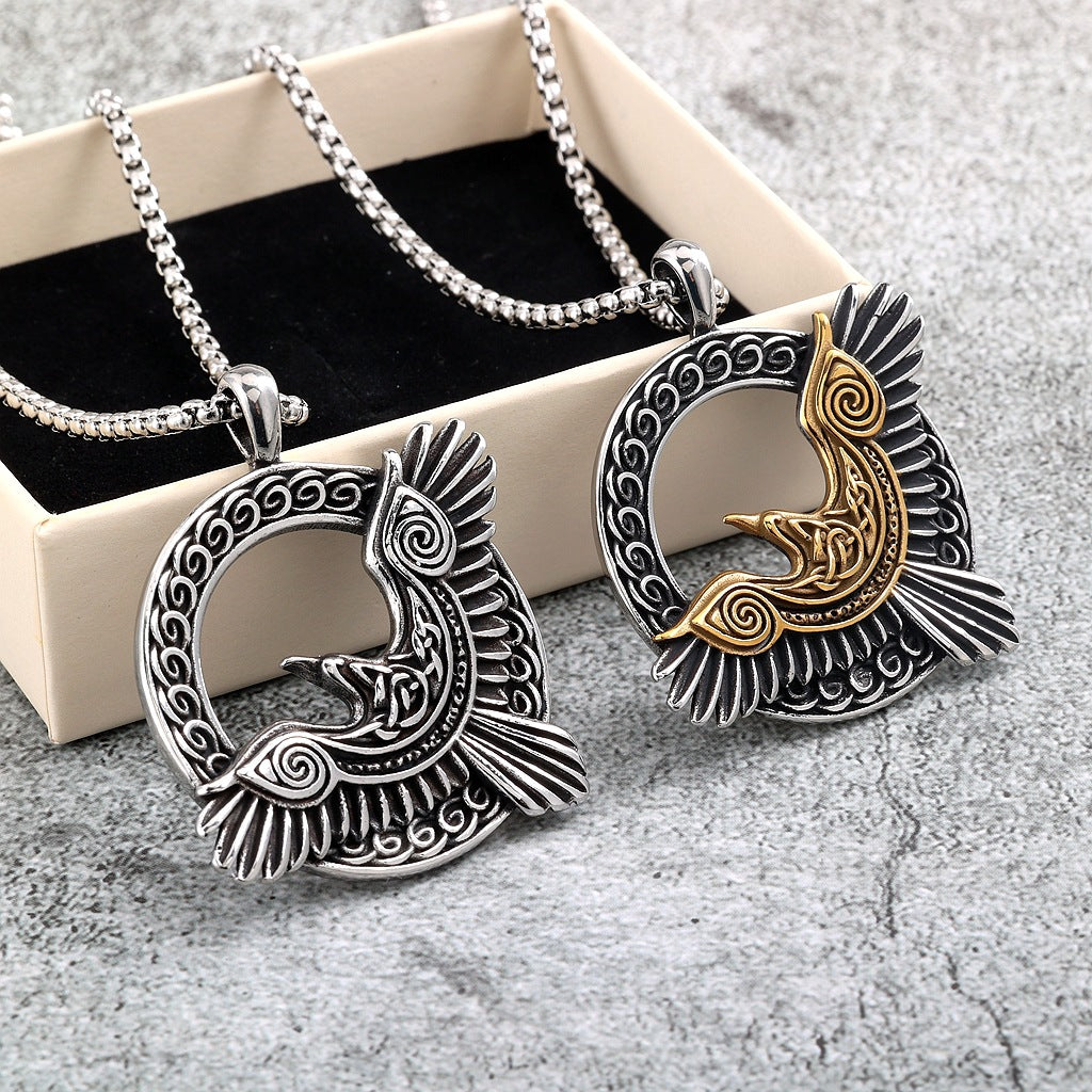 Vintage Stainless Steel Men's Single Sided Viking Raven Round Pendant Necklace