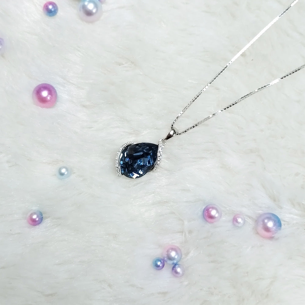 S925 Austrian crystal rhinestone blue-toned waterdrop pendant necklace for collarbone