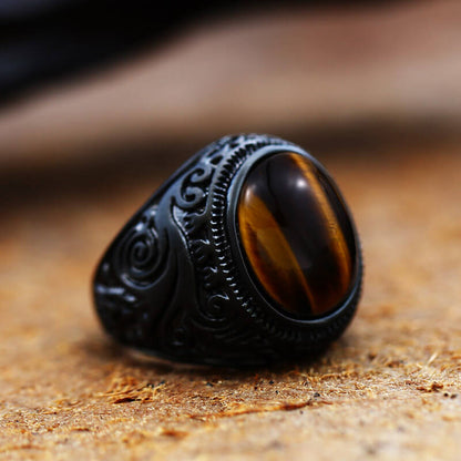 Men's Vintage Carved And Inlaid Tiger's Eye Stone Black And White Turquoise Titanium Steel Ring