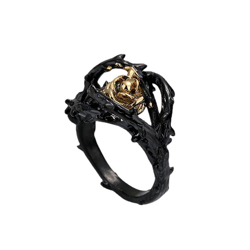 Men's Black Rose Flower Design Ring with Black and Gold Accents