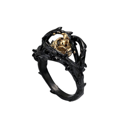 Men's Black Rose Flower Design Ring with Black and Gold Accents