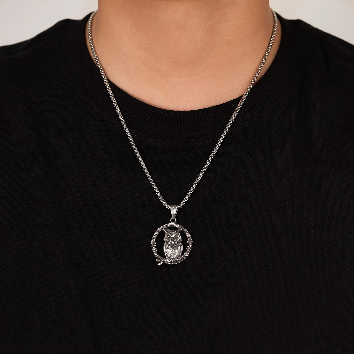 Men's Steel Owl Round Pendant Necklace