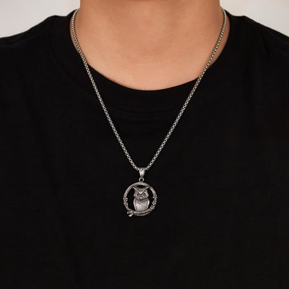 Men's Steel Owl Round Pendant Necklace