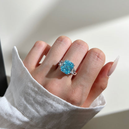 Women's White Gold Tone Ring Inlaid with Blue Rectangular & Polygon Zircon Stones