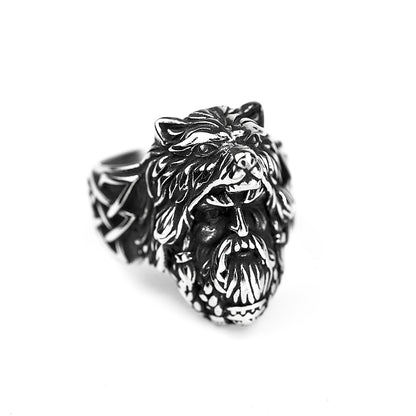 Vintage Antique Oxidized Solid Stainless Steel Norse Viking 3D Wolf Head Triquetra Celtic Knot Band Ring for Men