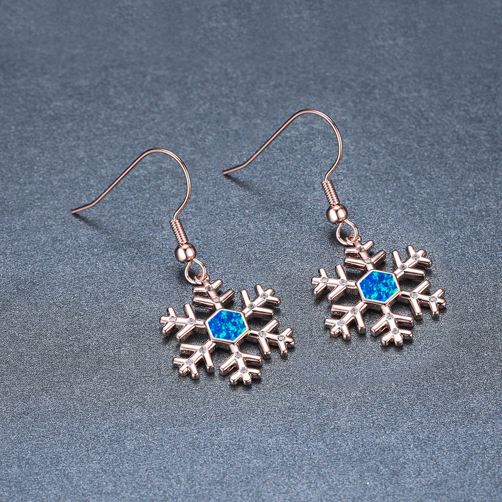 Women's Snowflake Hexagon Blue Opal & Zirconia Dangle Hook Earrings