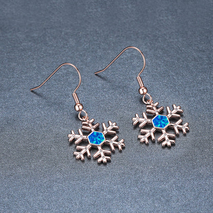 Women's Snowflake Hexagon Blue Opal & Zirconia Dangle Hook Earrings