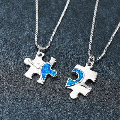 Blue Opal Puzzle Heart Set Necklace