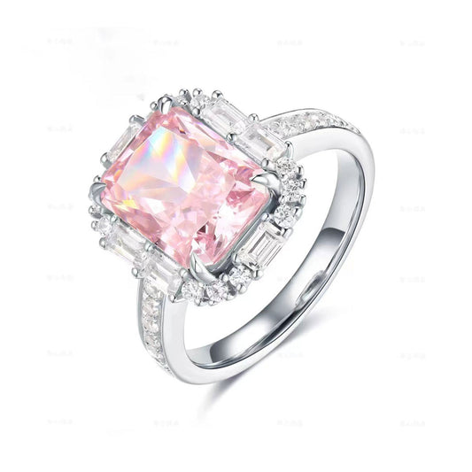 Women's White Gold Rectangle Pink Gem Adjustable Halo Ring
