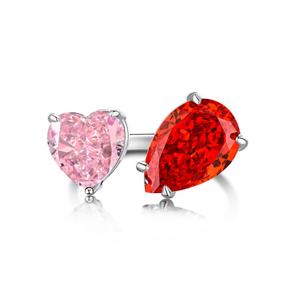 Women's Radiant Cut Ice Flower Cut Pink Heart & Red Pear Shape Dual Center Stone Open Ring, S925 with White Gold Plating