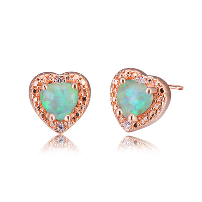 Women's Prong Set Heart Paved Zirconia White & Blue Opal Stud Earrings, Rose Gold / White Gold Plating