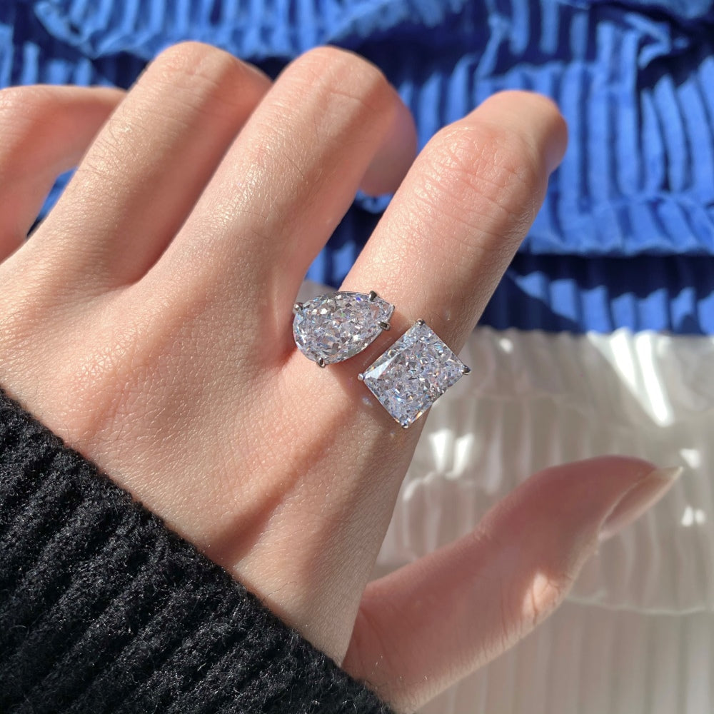 Women's Adjustable Double Main Stone Ring, Radiant Ice‑Flower Cut Rectangular Drop Zirconia, S925 with White Gold Plating
