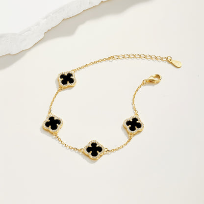 Women's Delicate Bracelet, Black Onyx & Round White Zirconia Inlay Clover Design, S925 with 18K Gold Plating