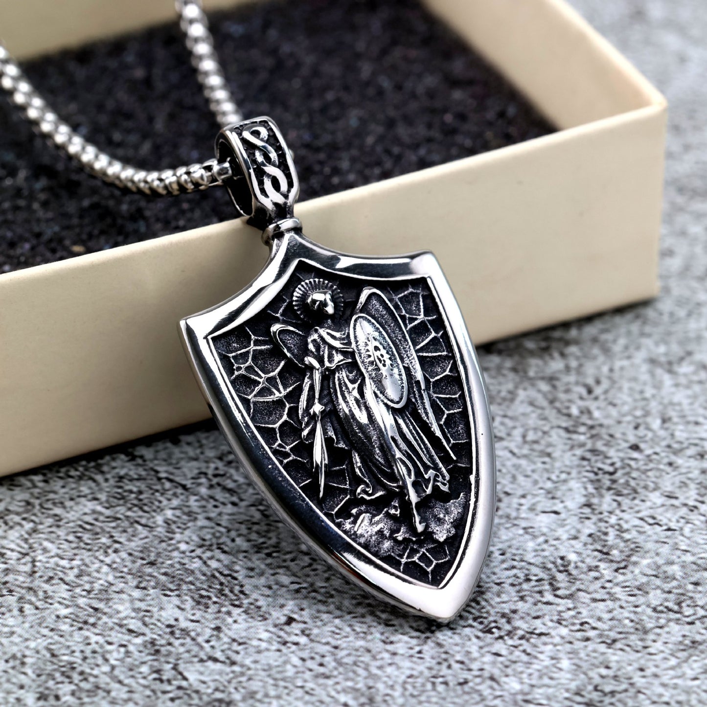 Vintage Stainless Steel Men's Shield St. Michael Angel Pendant Necklace