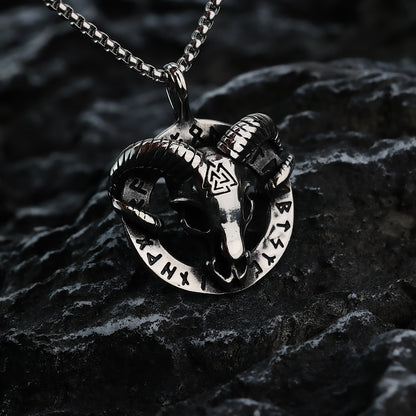 Vintage Stainless Steel Viking Rune Ram Skull Pendant Necklace for Men