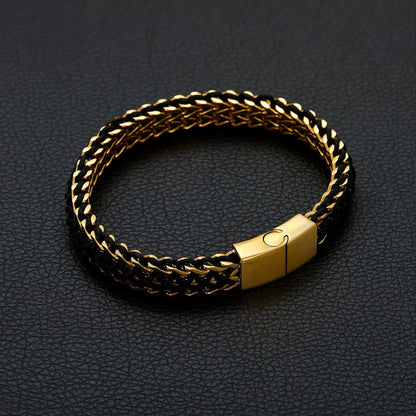 Gold Tone Double Row Welded Square Polished Stainless Steel Braided Bracelet for Men, Magnetic Clasp Wrist Chain