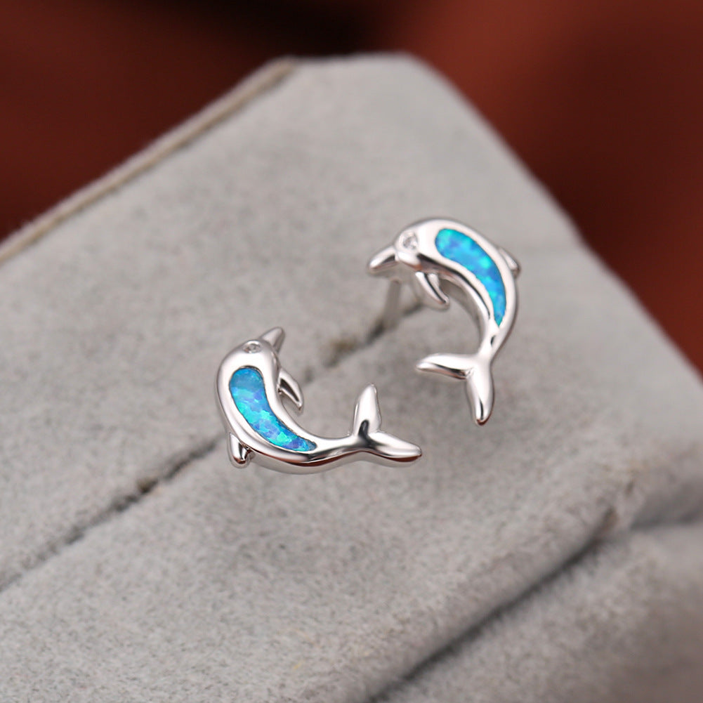 Women's Dolphin‑Shape Curved Blue / White Opal With Zirconia Accent Stud Earrings,