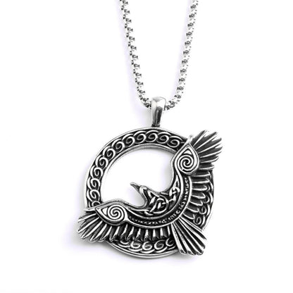 Vintage Stainless Steel Men's Single Sided Viking Raven Round Pendant Necklace