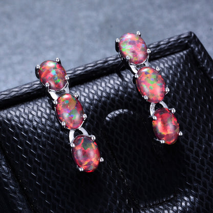 Women's Three‑Oval Opal Linked Dangle Drop Earrings, with White Gold Plating