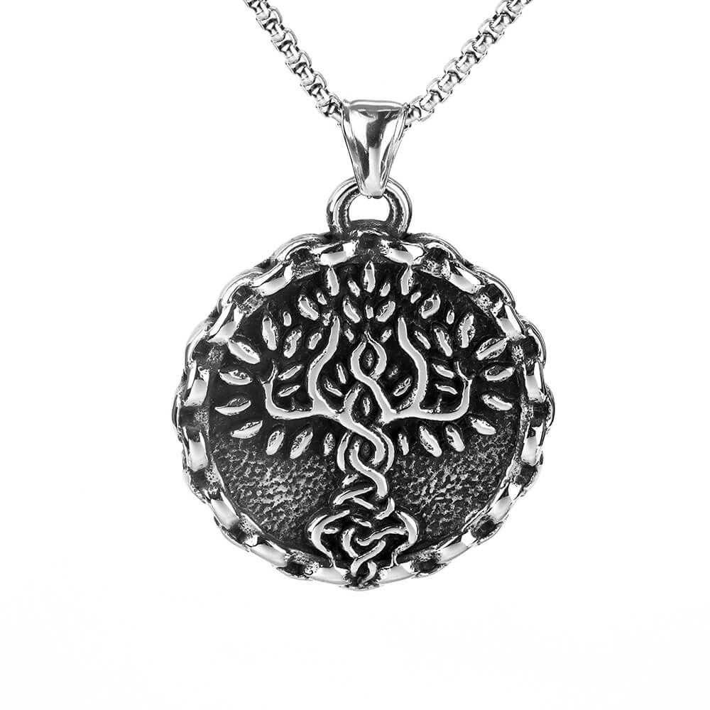 Men's Steel Nordic Tree of Life Lace Edge Round Retro Street Jewelry Pendant Necklace