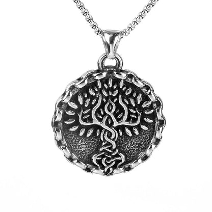 Men's Steel Nordic Tree of Life Lace Edge Round Retro Street Jewelry Pendant Necklace