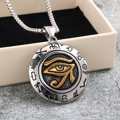 Vintage Stainless Steel Men's Egyptian Eye of Horus Round Pendant Necklace