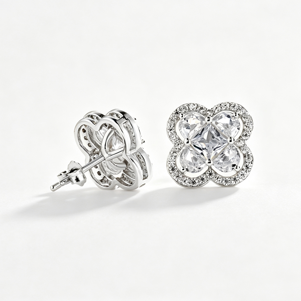 Women's Four‑Petal Flower Stud Earrings, Clear Center Stone with Zirconia Halo, S925 with White Gold Plating