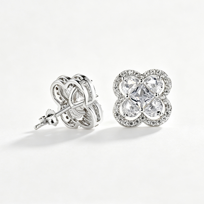Women's Four‑Petal Flower Stud Earrings, Clear Center Stone with Zirconia Halo, S925 with White Gold Plating