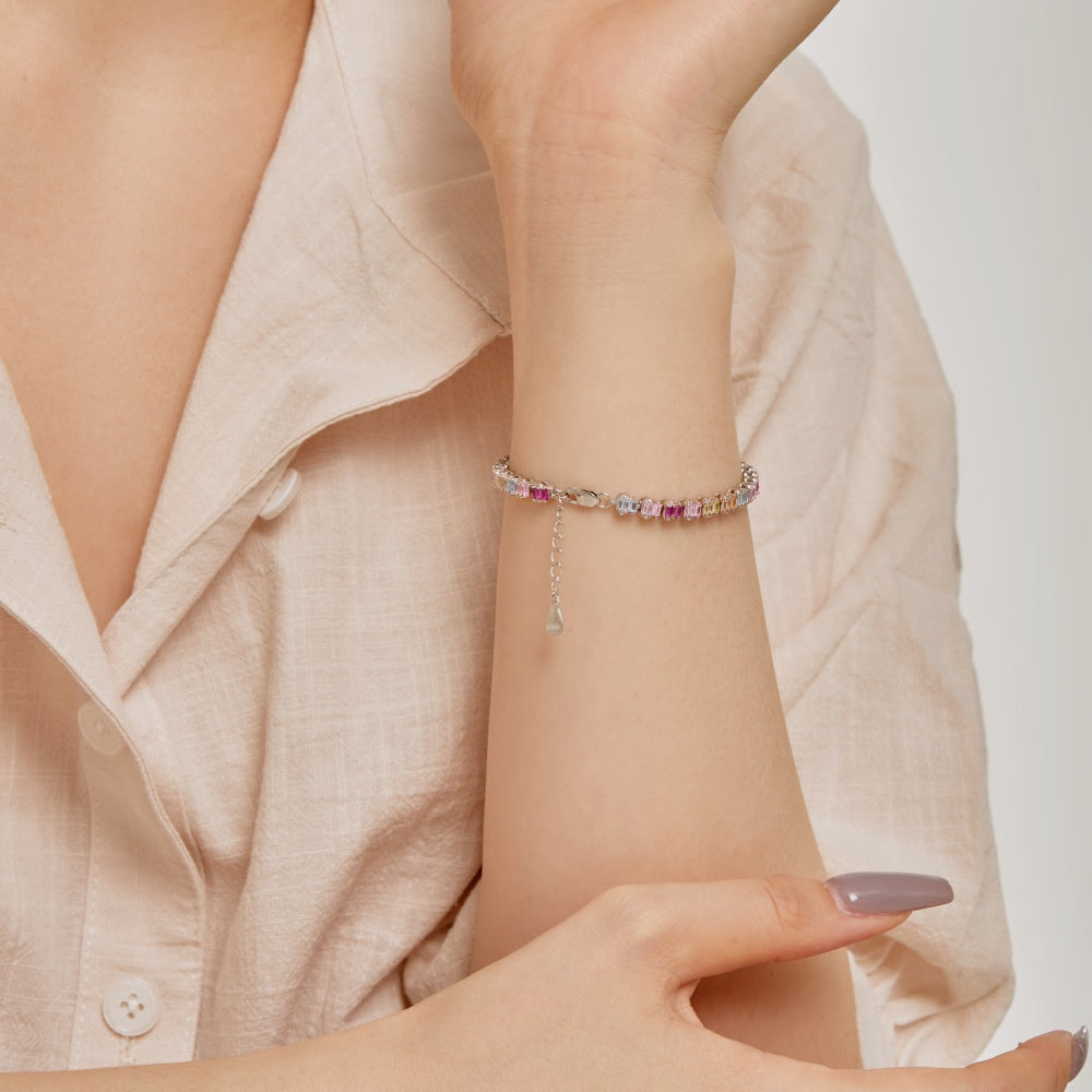 Women's Delicate Tennis Bracelet, Multicolor Baguette Zirconia Full Paved Inlay, S925 with White Gold Plating