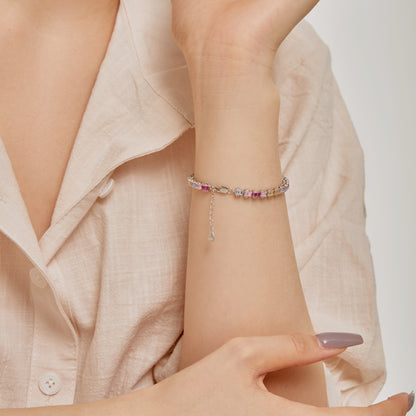 Women's Delicate Tennis Bracelet, Multicolor Baguette Zirconia Full Paved Inlay, S925 with White Gold Plating