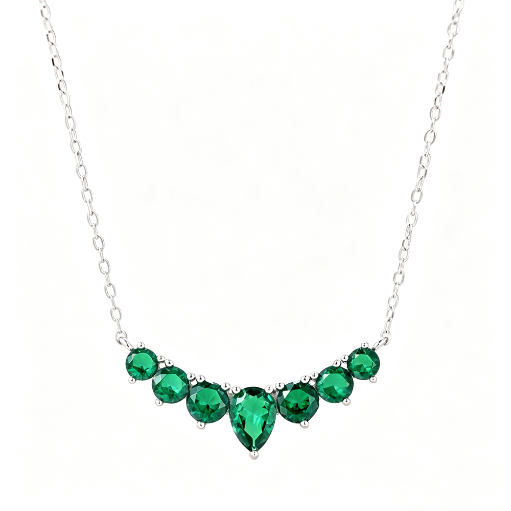 Women's Teardrop Heart Pendant Necklace, Inlaid Emerald Green Sapphire, S925 with White Gold Plating