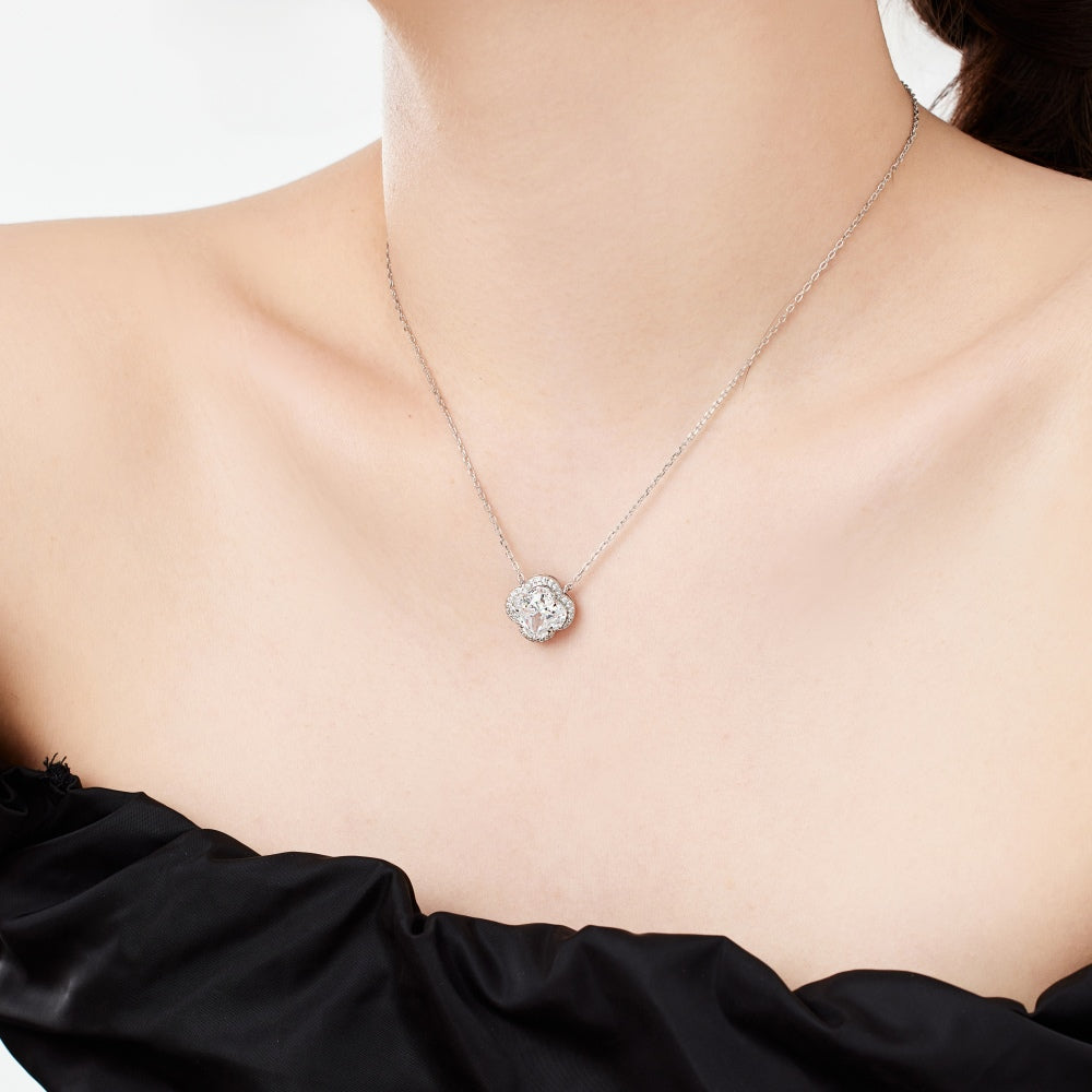 Women's Pendant Necklace, White Zirconia Four‑Leaf Clover Plum Blossom Flower Design, S925 with White Gold Plating