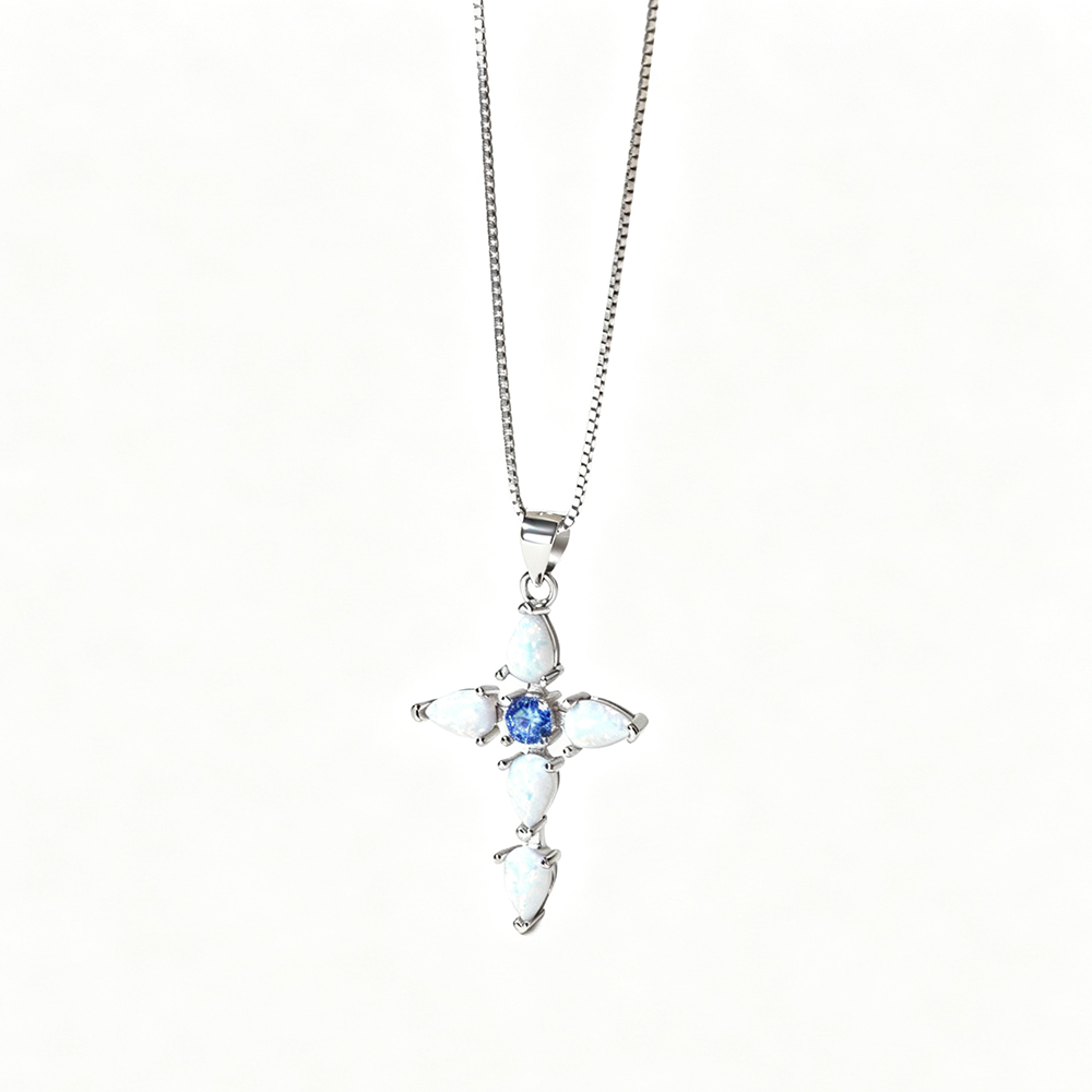 Women's Cross Pendant Necklace, Inlaid Blue Zirconia, S925 with White Gold Plating