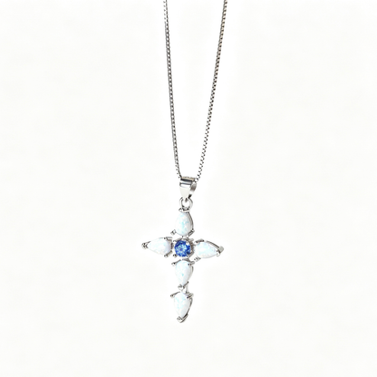 Women's Cross Pendant Necklace, Inlaid Blue Zirconia, S925 with White Gold Plating