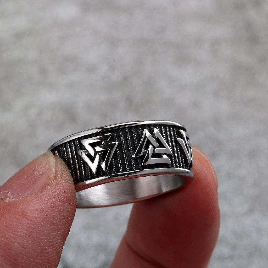 Vintage Solid Stainless Steel Slim Norse Viking Valknut Triangle Band Ring for Men