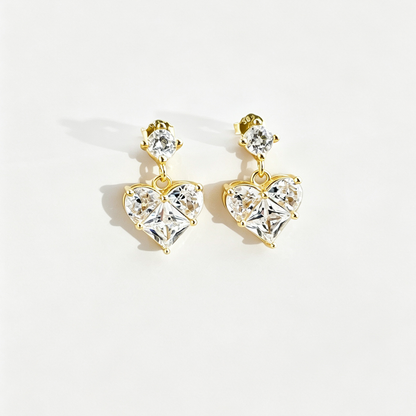 Women's Dangle Earrings, Clear Heart‑Shape Zirconia with Round Zirconia Accent, S925 with 18K Gold Plating