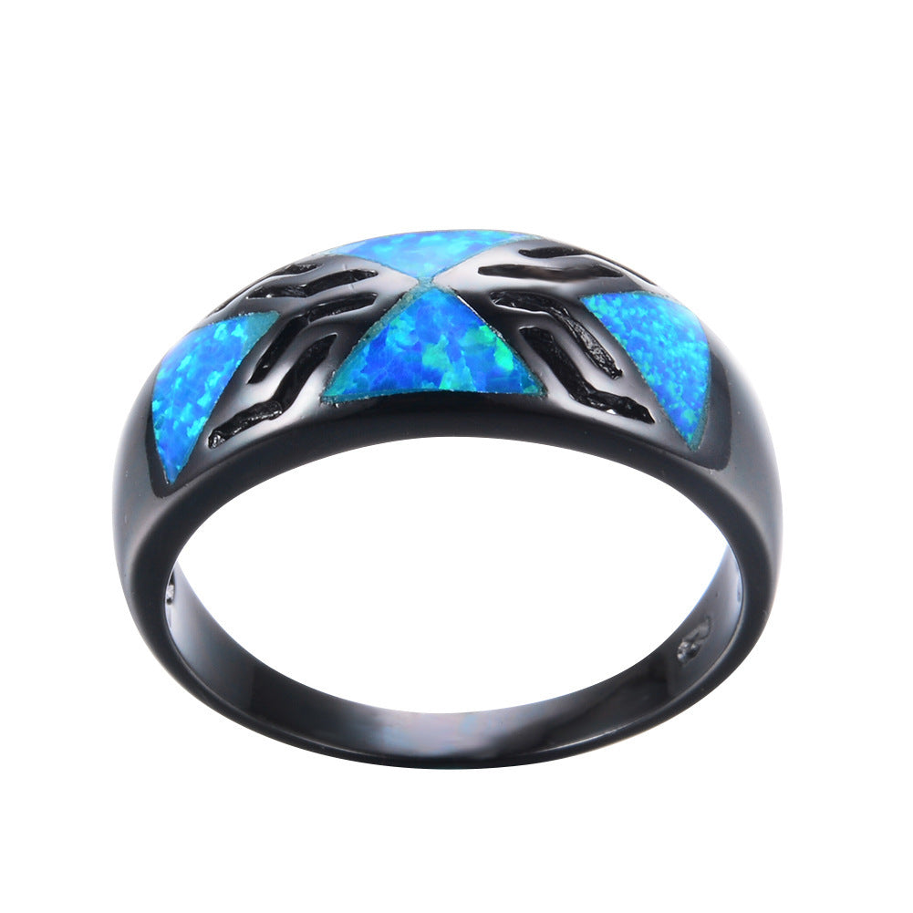 Women's Black Wide Band Geometric Triangle Opal Ring