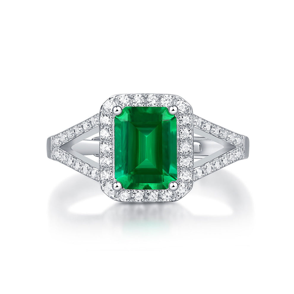 Women's White Gold Halo Emerald Hollow Adjustable Ring
