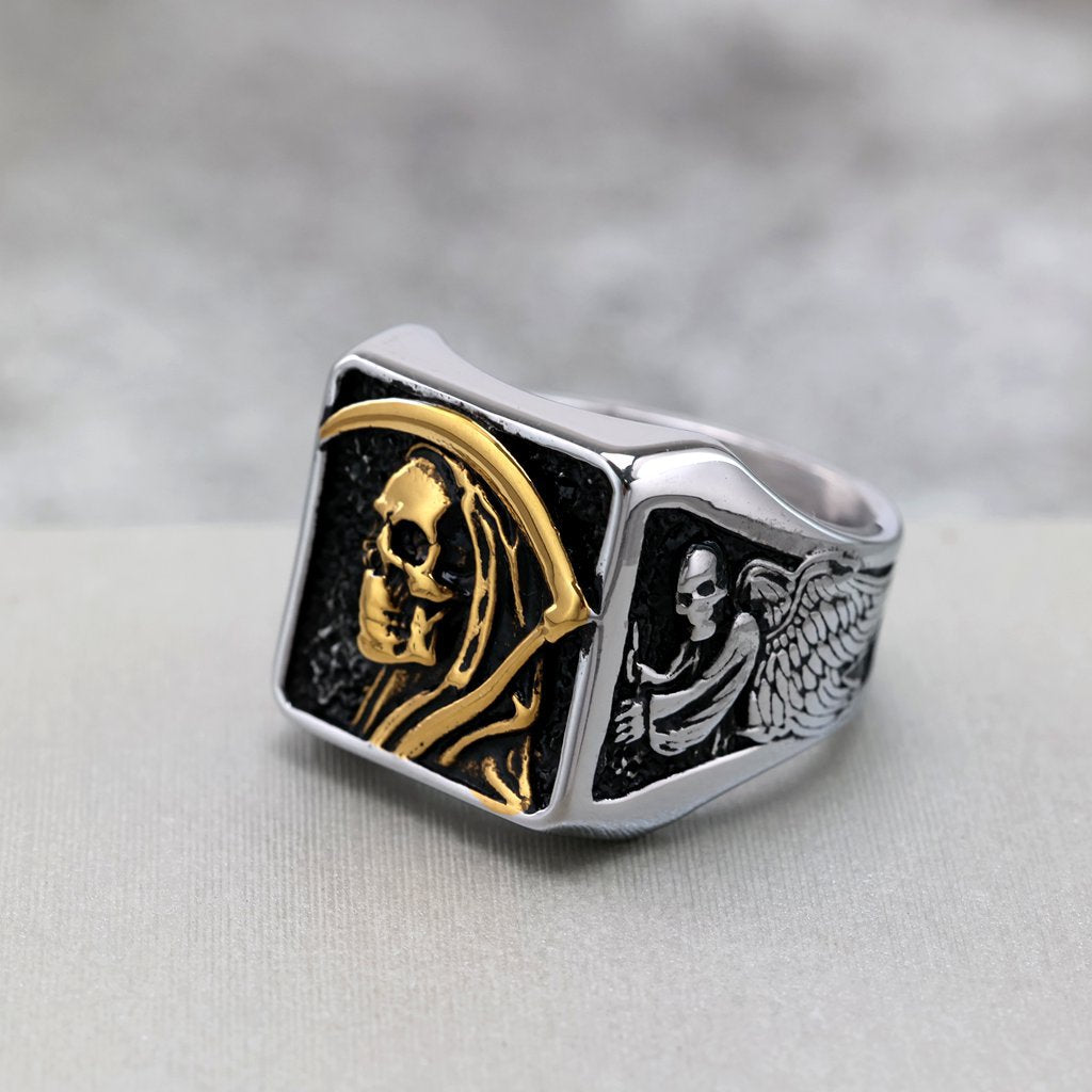 Vintage Stainless Steel Punk Solid Halloween Grim Reaper Skull Ring for Men