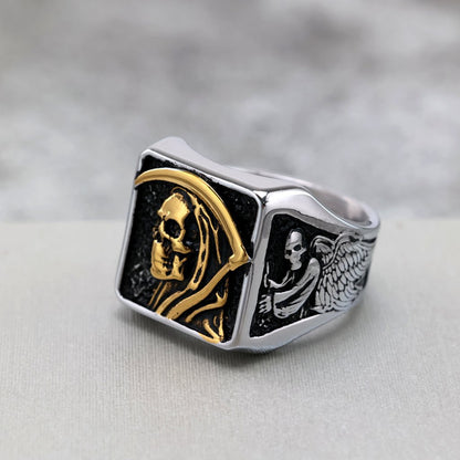 Vintage Stainless Steel Punk Solid Halloween Grim Reaper Skull Ring for Men