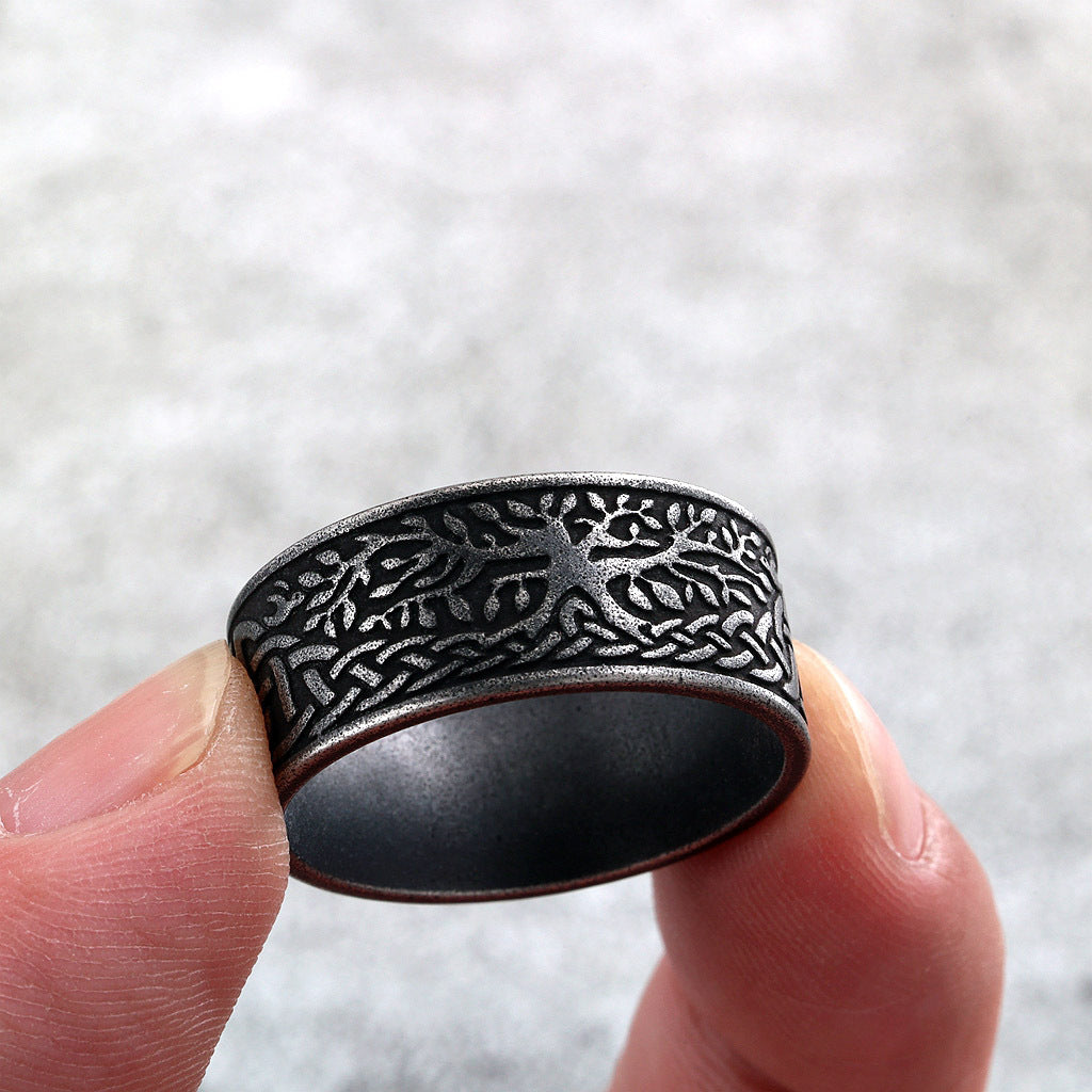 Vintage Solid Stainless Steel Celtic Knot Tree of Life Wide Band Ring for Men