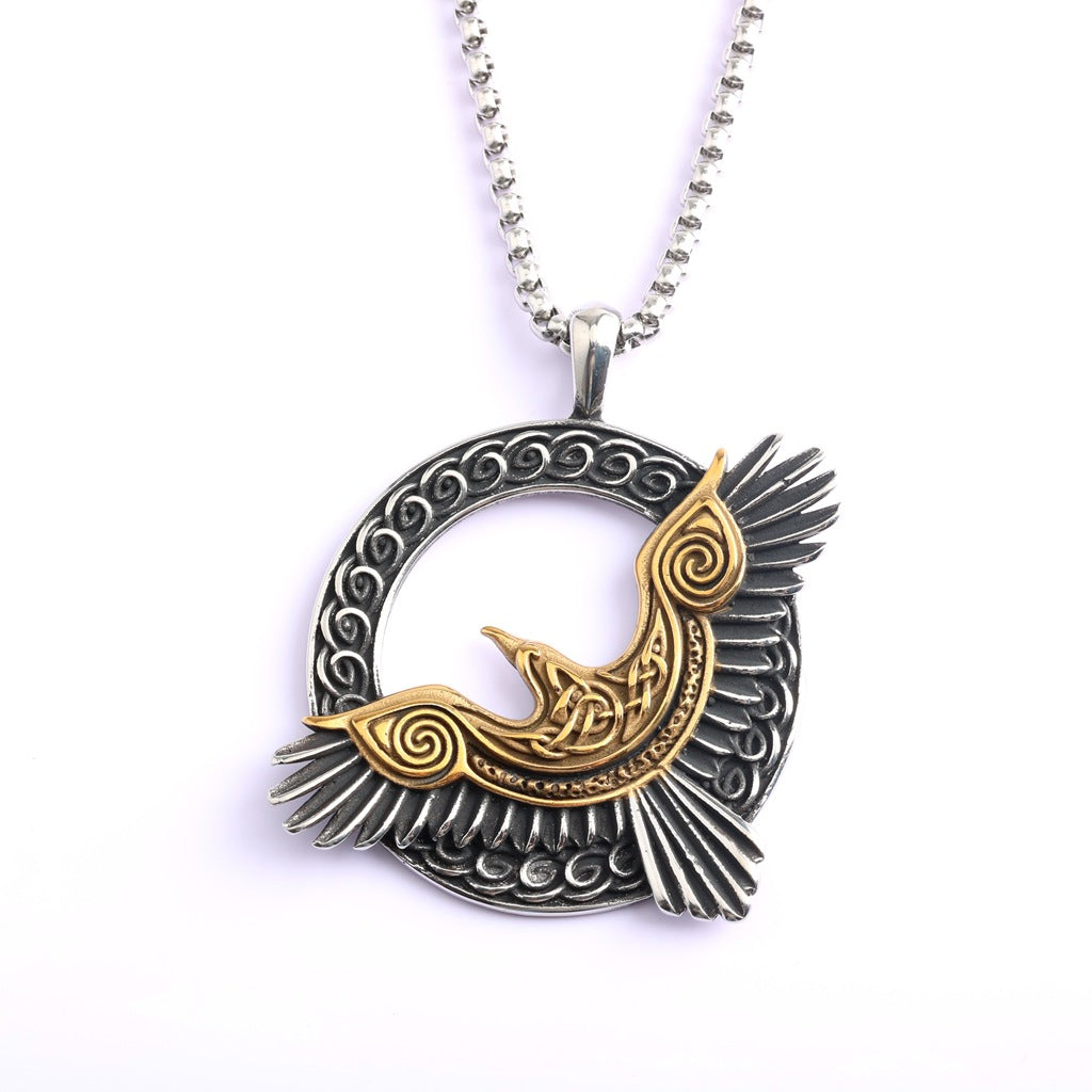 Vintage Stainless Steel Men's Single Sided Viking Raven Round Pendant Necklace