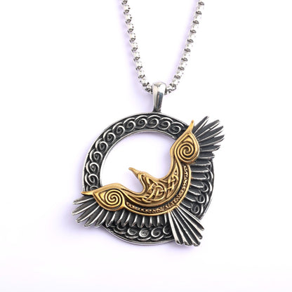 Vintage Stainless Steel Men's Single Sided Viking Raven Round Pendant Necklace